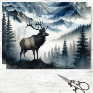 Elk Misty Mountains Wasserfarbe Decoupage Seidenpapier