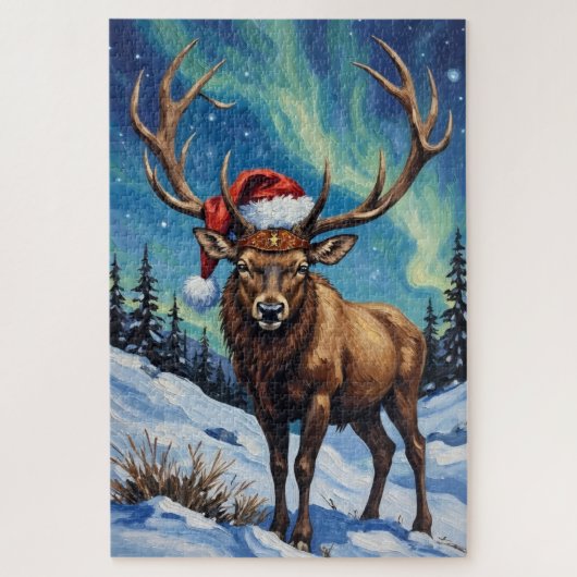 Elk Noble Bull Under the Northern Lights Hat Puzzle (Vertikal)