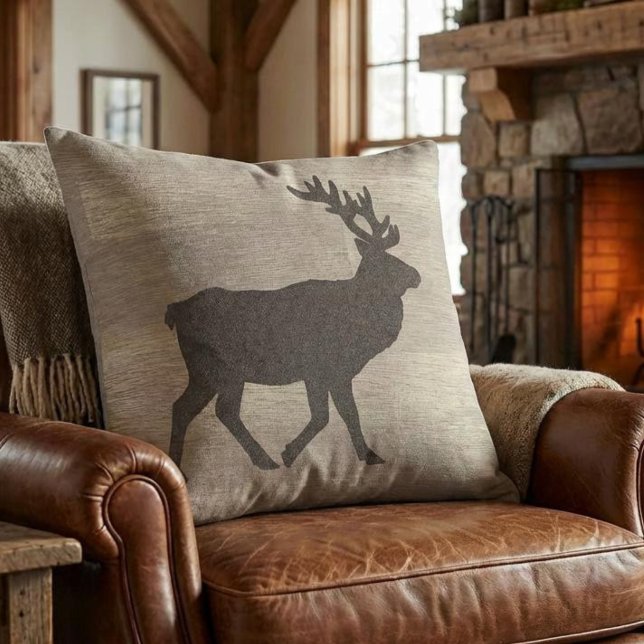 Elk Silhouette Reversible Throw Pillow Kissen (elk silhouette throw pillow for mountain cabin)