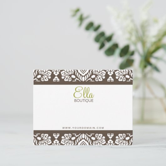 Ella #1 Brown Damask Chic Bow Card Postkarte (Stehend Vorderseite)