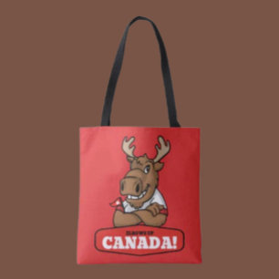 Ellbogen hoch Kanada! Lustiger Elch hält Flagge Tasche