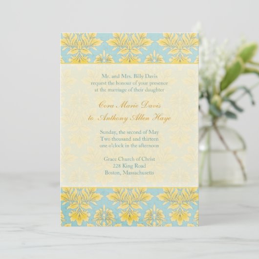 Elle Damask Light Blue Wedding Einladung (Stehend Vorderseite)