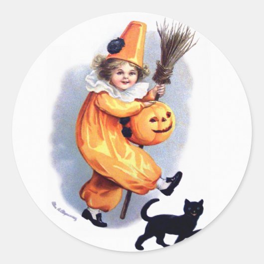 Ellen H. Clapsaddle: Halloween Harlequin mit Cat Runder Aufkleber (Vorderseite)
