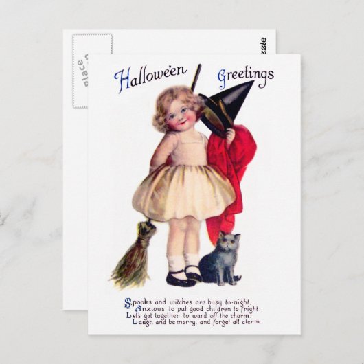 Ellen H. Clapsaddle: Kleine Hexe mit Katze Postkarte (Vorne/Hinten)