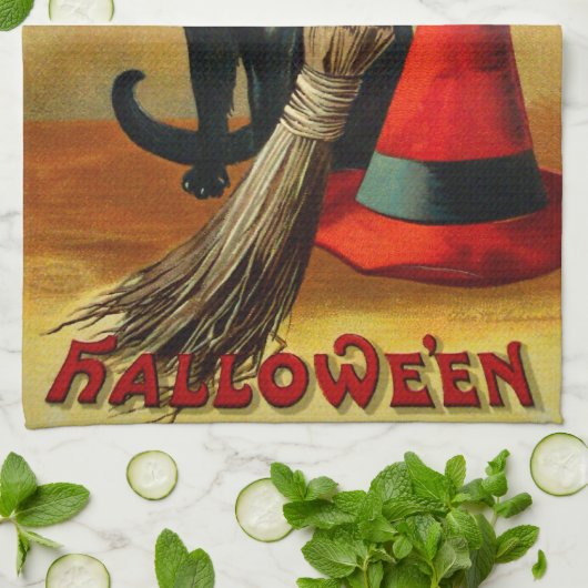 Ellen H. Clapsaddle: Schwarze Katze, Besen und Hut Geschirrtuch (Gefaltet)