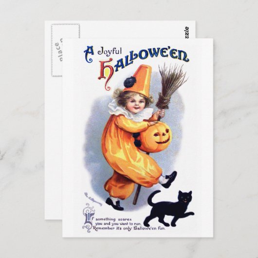 Ellen H. Sattel: Halloween Harlequin mit Cat Postkarte (Vorne/Hinten)