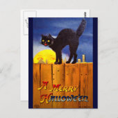 Ellen H. Sattel: Schwarze Katze auf einem Zaun Postkarte (Vorne/Hinten)