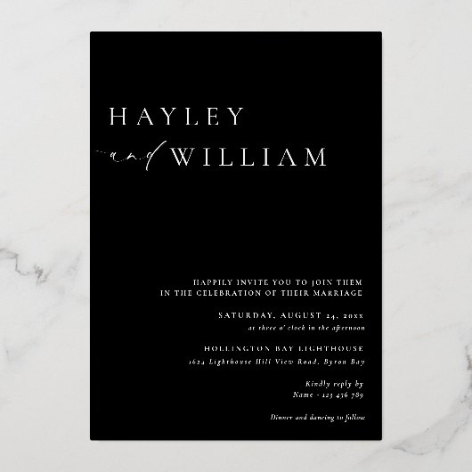 Ellesmere Black Modern Minimalistisch Wedding Folieneinladung (Rückseite)