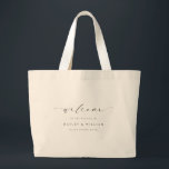 Ellesmere Wedding Welcome Large Tote Bag Jumbo Stoffbeutel<br><div class="desc">Herzlich willkommen bei Ihrer Hochzeit mit der Ellesmere Hochzeitsgesellschaft Tasche. Diese Hochzeitstasche ist minimalistisch mit einer Schriftzeichen-Rubrik gestaltet. Die Namen und das Datum können an den Anzug Ihrer Hochzeit angepasst werden, aber die Kopfzeile des Skripts ist ein Bild, das nicht bearbeitet werden kann. Für eine erweiterte Anpassung dieses Designs, wählen...</div>
