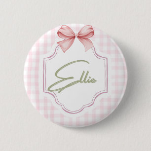 Ellie Personalisiert Pink Bow & Gingham Print Button