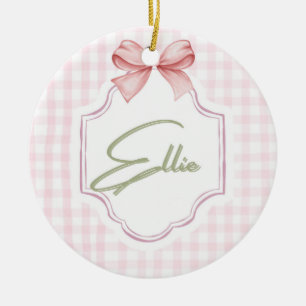 Ellie Personalisiert Pink Bow & Gingham Print Keramik Ornament