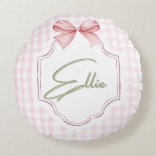 Ellie Personalisiert Pink Bow & Gingham Print Rundes Kissen