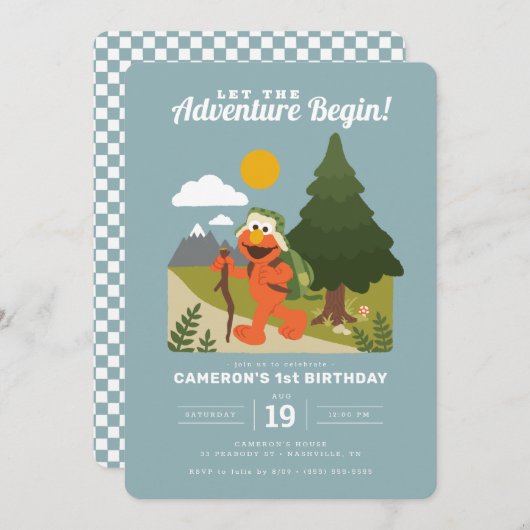 Elmo | Lass des Abenteuers Begin Geburtstag Einladung (Vorne/Hinten)