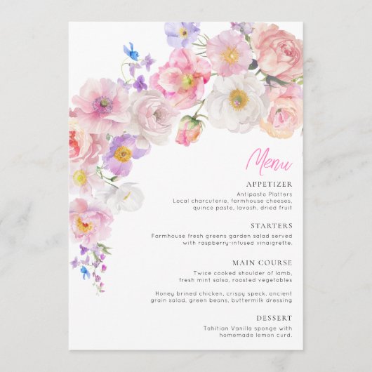 Eloise Pink Floral Menu Menükarte (Vorderseite)