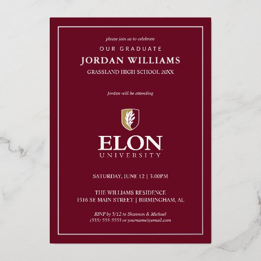 Elon University Abschluss Folieneinladung (Vorderseite)