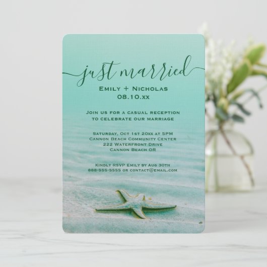 Eloped Aqua Starfish Beach Empfang Party Küste Einladung (Stehend Vorderseite)