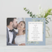 Elopement Dusty Blue Foto Wedding Ankündigung (Stehend Vorderseite)