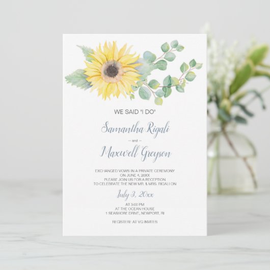 Elopement Empfang Invite, Eukalyptus Sunflower Einladung (Stehend Vorderseite)