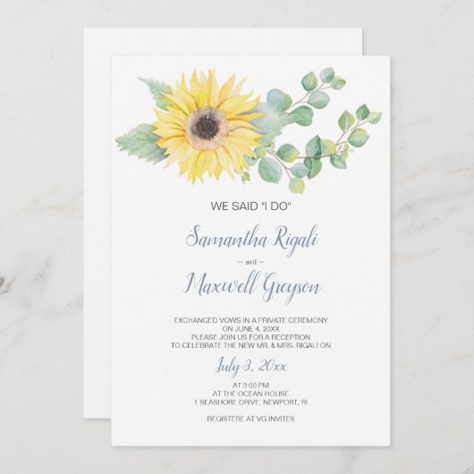 Elopement Empfang Invite, Eukalyptus Sunflower Einladung (Vorne/Hinten)