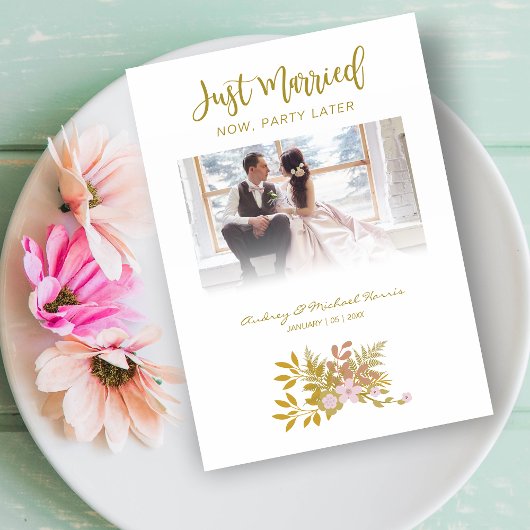 Elopement Photo Wedding Elegant Floral Fake Golden Einladung