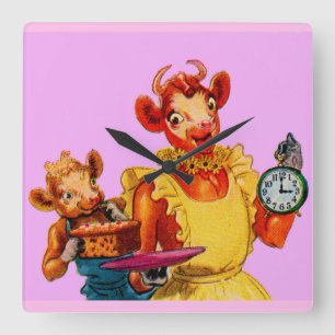 Elsie the Cow and daughter Beulah - It's Cake Time Quadratische Wanduhr