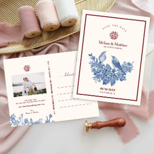 Elster-Blumen-Chinesische-Hochzeit-Save-the-Date-K Postkarte