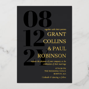 Eltern, die eine Black & Gold-Typografie-Hochzeit Folieneinladung