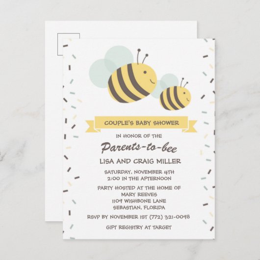 Eltern von Bee Bumblebee Couple's Baby Shower Invi Einladungspostkarte (Vorne/Hinten)