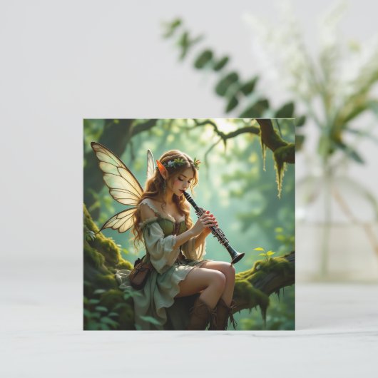  Elven Fairy Playing Clarinet in Enchanted Forest Karte (Stehend Vorderseite)