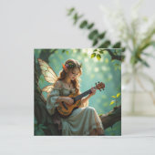 Elven Fairy Playing Ukulele in Enchanted Forest Karte (Stehend Vorderseite)