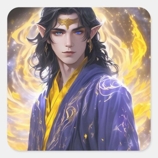 Elven Mage with Fire & Stars: Fantasy Art Quadratischer Aufkleber (Vorderseite)