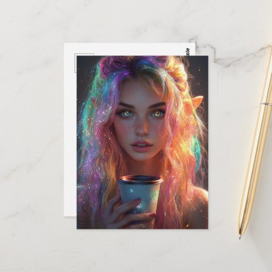 Elven Woman mit Kaffee Postkarte (Vorderseite/Rückseite Beispiel)