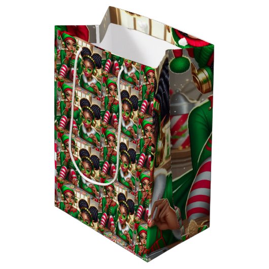 Elves Eating Goodies Mittlere Geschenktüte (Vorderseite Schrägansicht)