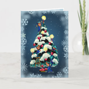 ELVES TRIMMING the TREE & STARS by SHARON SHARPE Feiertagskarte