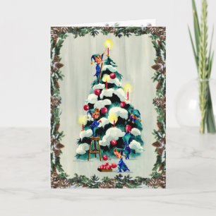 ELVES TRIMMING TREE & WREATH by SHARON SHARPE Feiertagskarte
