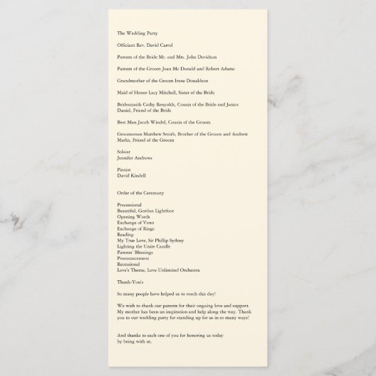 Embassy Ecru Creme Floral Wedding Program Card Programm (Rückseite)