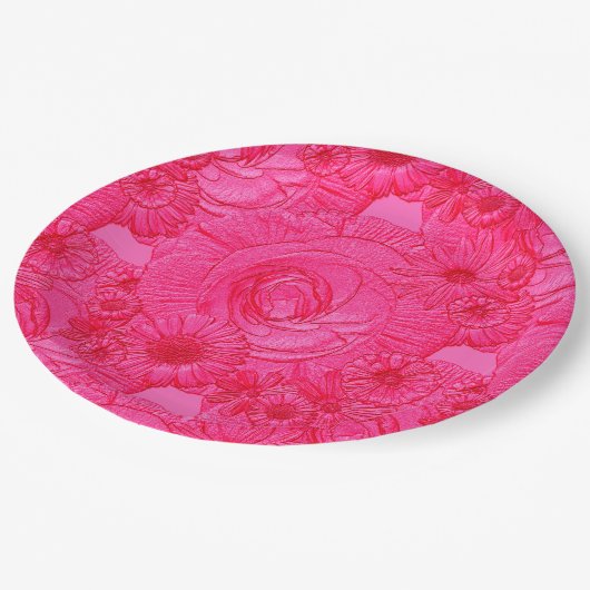 Embossed Blume-Hot Pink-PAPER-TELLER Pappteller (Schrägansicht)