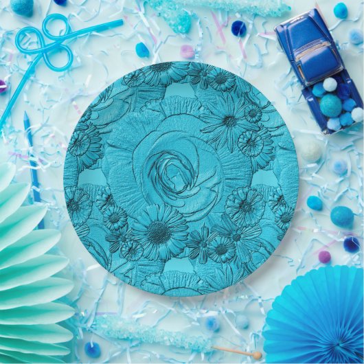 Embossed Blume-LT Blue PAPER-TELLER Pappteller (Party)