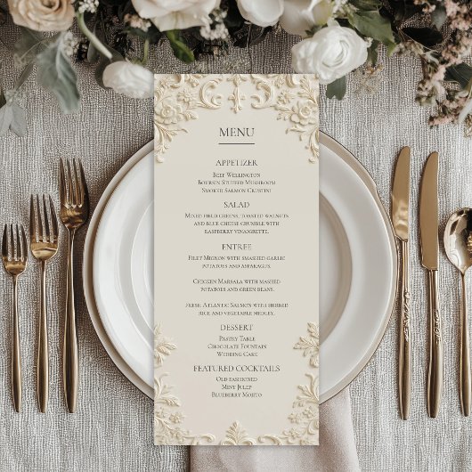 Embossed Elegant Ivory Floral Wedding Menu Menükarte