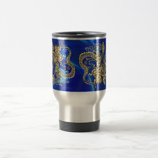 Embossed Gold Dragon auf Blue Satin Reisebecher (Mittel)