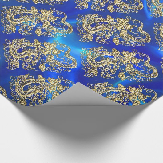Embossed Gold Dragon auf BlueSatin Print Geschenkpapier (Ecke)