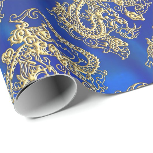 Embossed Gold Dragon auf BlueSatin Print Geschenkpapier (Rolleneckpunkt)