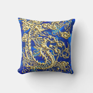 Embossed Gold Dragon auf BlueSatin Print Kissen