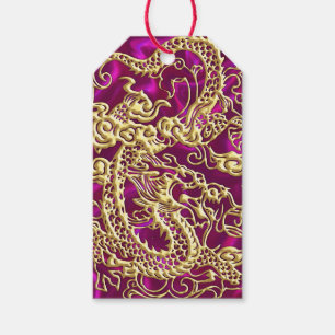 Embossed Gold Dragon Magenta Satin Print Geschenkanhänger