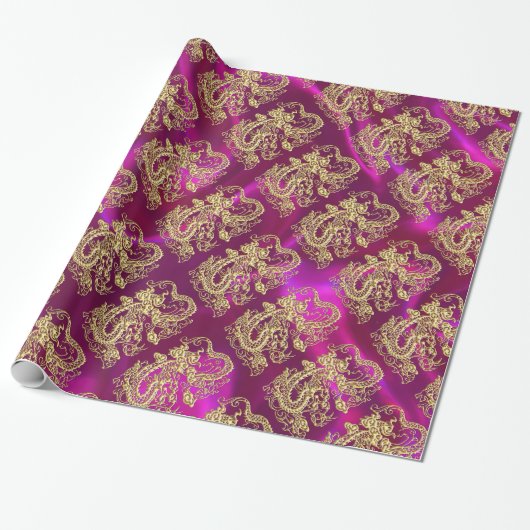 Embossed Gold Dragon Magenta Satin Print Geschenkpapier (Ungerollt)