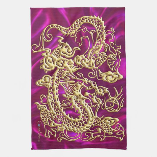 Embossed Gold Dragon Magenta Satin Print Geschirrtuch (Vertikal)