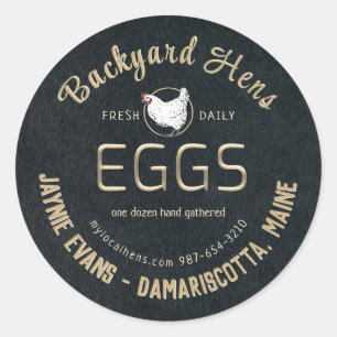 Embossed Gold Fresh Eggs White Hen on Black Runder Aufkleber