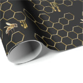 Embossed Honeycomb Realistic Bees Black Gold Tropf Geschenkpapier (Rolleneckpunkt)