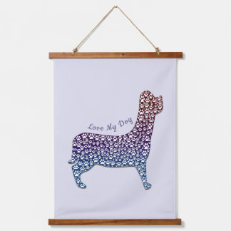 Embossed Indigo Gradient Paw Print Dog Outline Wandteppich Mit Holzrahmen