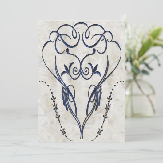 Embossed Look Blue Scroll Elegante Einladungen (Stehend Vorderseite)